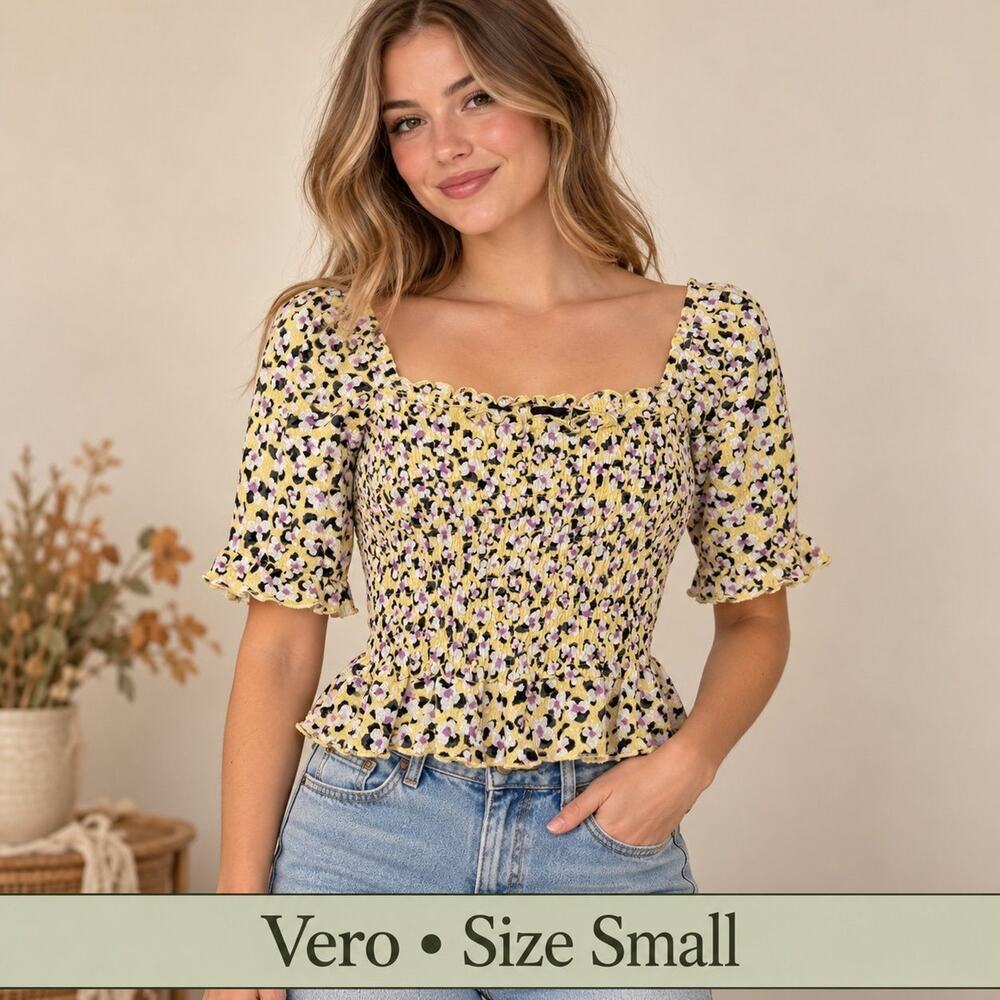 Vero Yellow Floral Smocked Peplum Top S